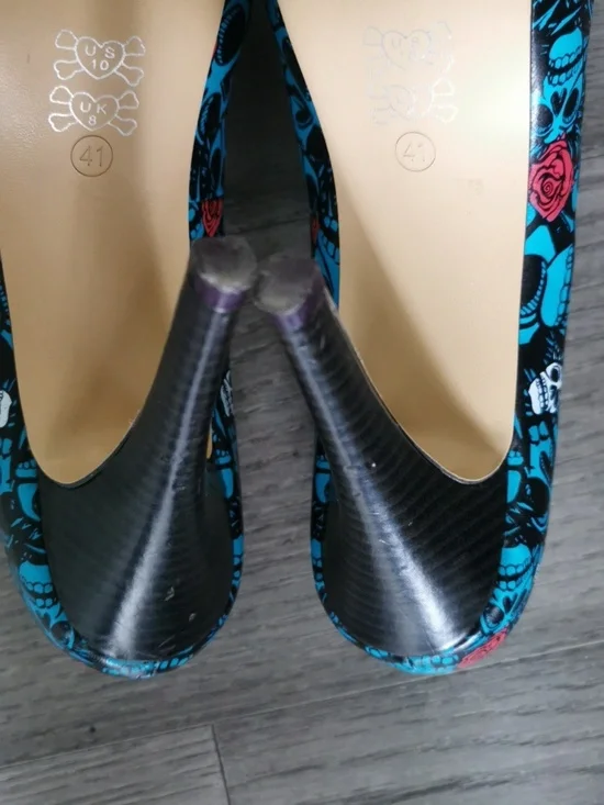 Iron Fist Vintage Y2K Muerte Punk Skull Rose Print High Heel Pumps. Size 10. - Picture 14 of 14